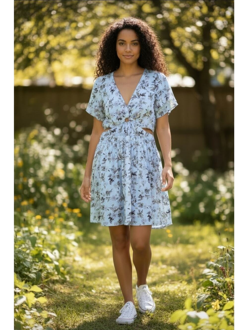 American Eagle Outfitters Twist Front Cutout Floral Mini Dress XL Boho Coquette